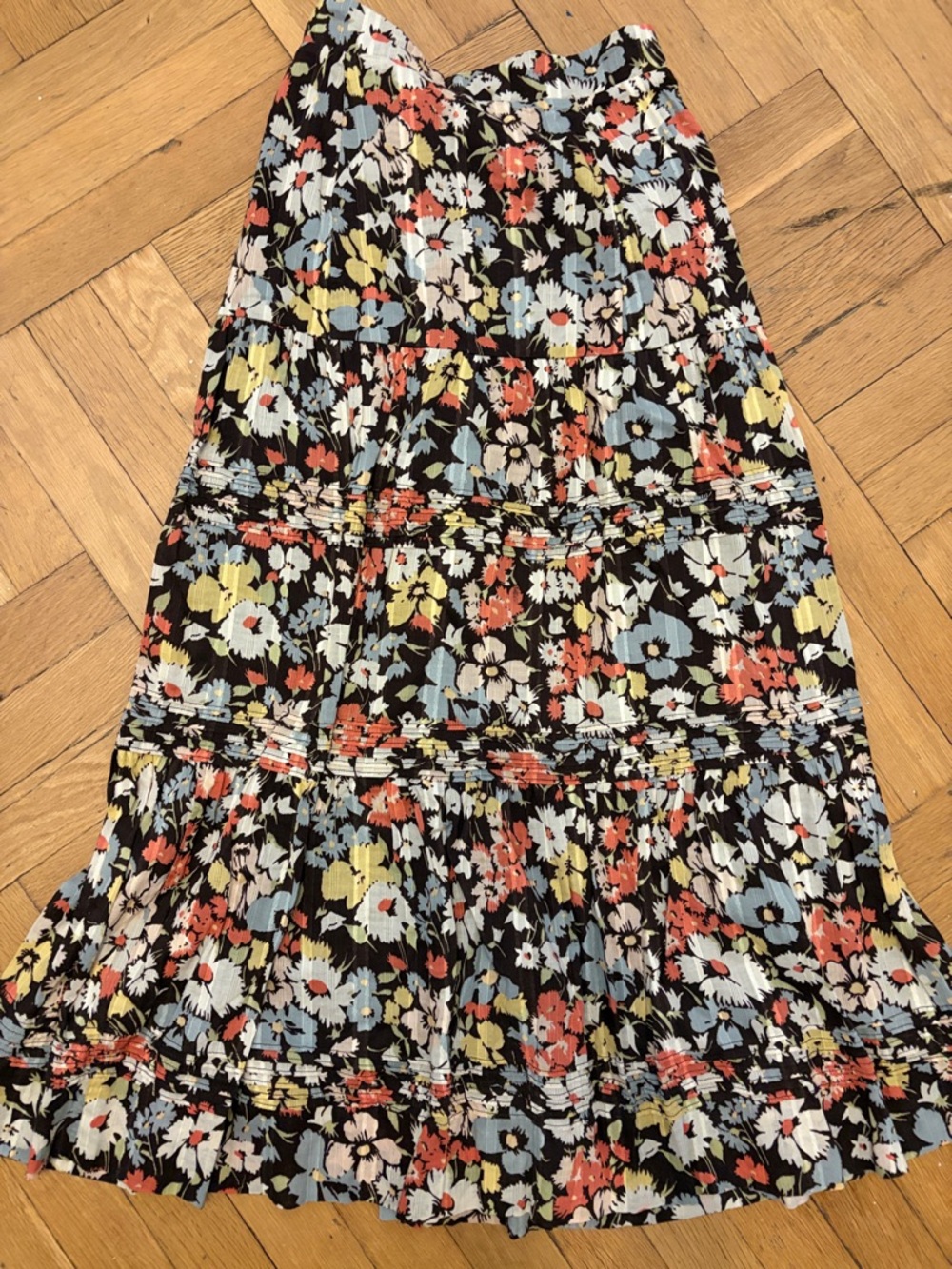 Floral Tiered Maxi Skirt in Black with Multi-Color Print
